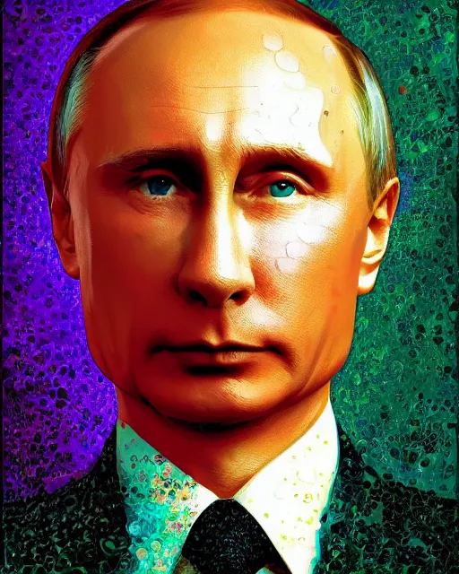 Image similar to a highly detailed portrait of Vladimir Putin holding a gay pride flag, intricate, digital painting, old english, particles floating, whimsical background by marc simonetti, John Singer Sargent style
