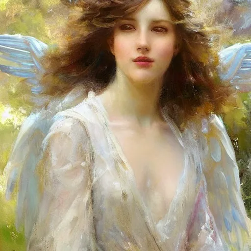 Image similar to beautiful portrait of an angel with beautiful face and her huge white wings spread out gracefully, painted by daniel gerhartz, highly detailed, beautiful warm illumination, graceful and elegant, ethereal