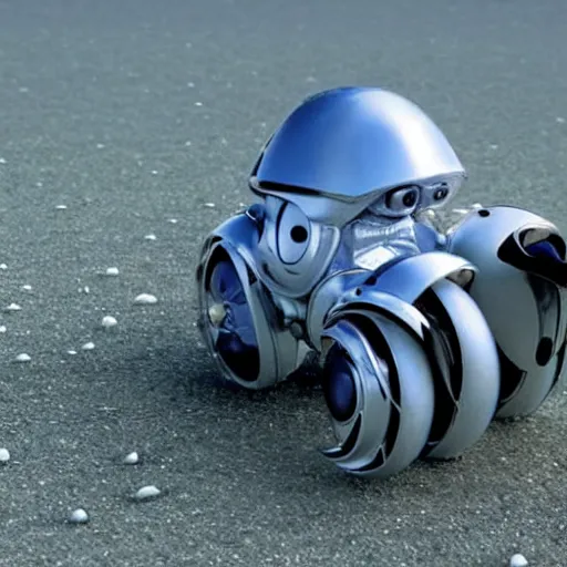 Image similar to shiny robot exoskeleton with a shell inspired by isopods walking across the ocean floor collecting shells, real life, photography, national geographic