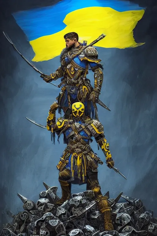 Image similar to a distant shot from behind of a Ukrainian super soldier with blue and yellow flag behind him standing alone on a huge pile of skulls as a winner, masculine muscular figure, D&D, fantasy, intricate, elegant, highly detailed, extremely detailed, digital painting, artstation, concept art, matte, smooth, hyper realistic, sharp focus, illustration, art by Artgerm and Greg Rutkowski and Alphonse Mucha