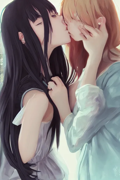 Image similar to portrait of two girls kissing, anime, drawn by WLOP, trending on Artstation