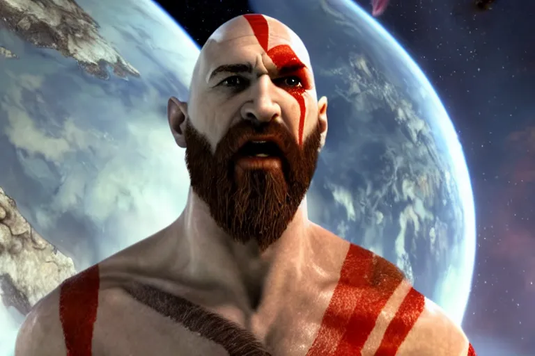 Prompt: cinematic screenshot of kratos from the god of war videogame eating ramen noodles in the international space station