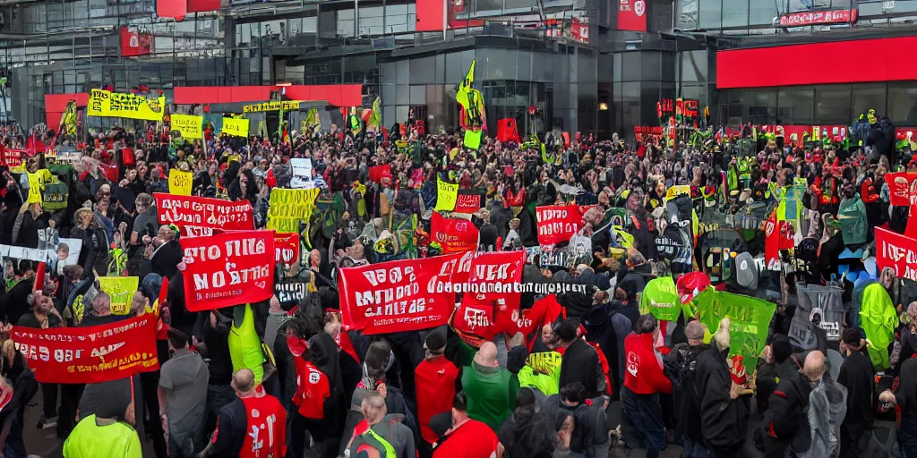 Image similar to # glazersout protests outside old trafford theatre of dreams against the glazers, # glazersout, chaos, protest, banners, placards, burning, pure evil, 8 k, by stephen king, wide angle lens, 1 6 - 3 5 mm, symmetry, cinematic lighting