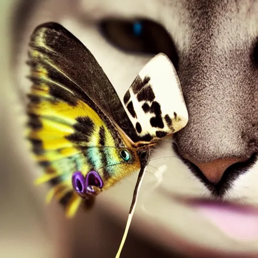 Prompt: photo of A butterfly lands on the nose of an cute cat