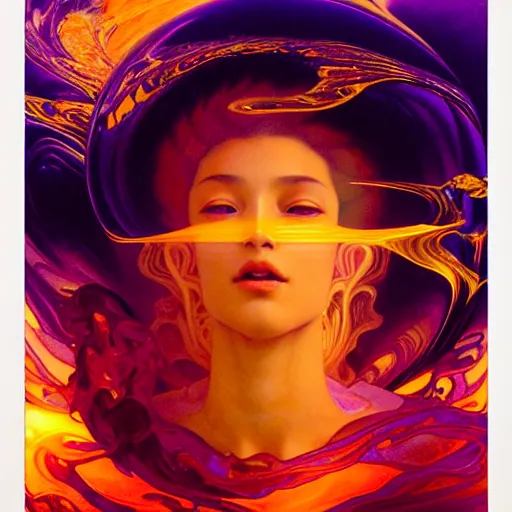 Image similar to transcendent bodhisattva mind bending indigo waves of glossy psychedelic liquid honey flowing like kaleidoscopic translucent amber, lsd waves, honey ripples, enlightenment, dramatic professional lighting, refracted sunset lighting, highly detailed, concept art, art by collier, albert aublet, krenz cushart, artem demura, alphonse mucha