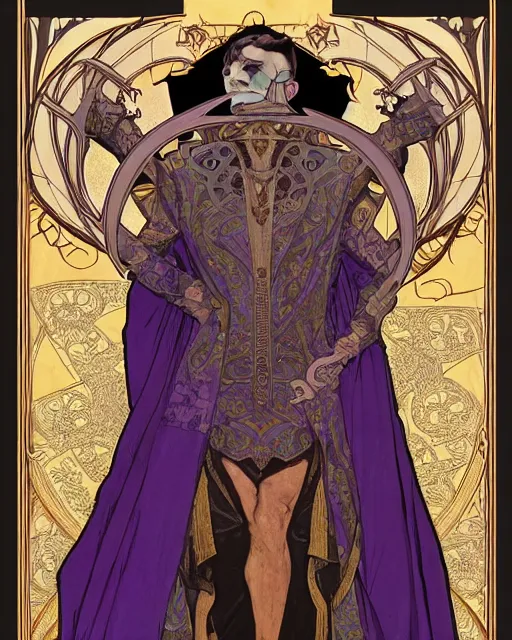 Prompt: tarot card, head and chest only, the devil, demon male, black and purple robes, beautiful, medieval, super detailed, ornate, by alphonse mucha, stjepan sejic, greg rutkowski, symmetry, 8 k, sharp focus