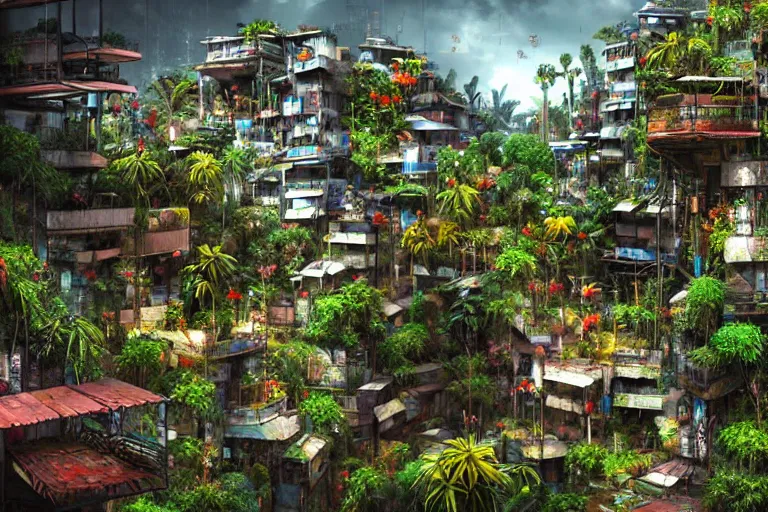 Prompt: favela winding cybernetic thrill ride, lush floral jungle environment, blooms, industrial factory, somber, apocalyptic, award winning art, epic dreamlike fantasy landscape, ultra realistic,