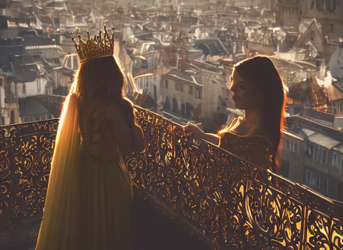 Image similar to a beautiful queen stands on a balcony overlooking a fantasy medieval gothic city, beautiful dramatic golden light and glow rays, 3 5 mm photography