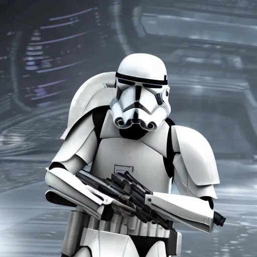 Image similar to epic intricate digital art of a clone trooper training in a simulation in kamino, clone wars, star wars, fan art, hyperrealist, ultra detailed, sharp focus, polished, consistency, octane, arnold, physical, cinema 4 d, unreal engine 5, visual effects, cinematic, 8 k uhd, highest resolution, photoshop, after effects