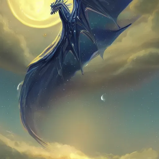 Image similar to a majestic celestial dragon with ((star-patterned)) wings roaring at the night sky, concept art, digital painting, trending on artstation