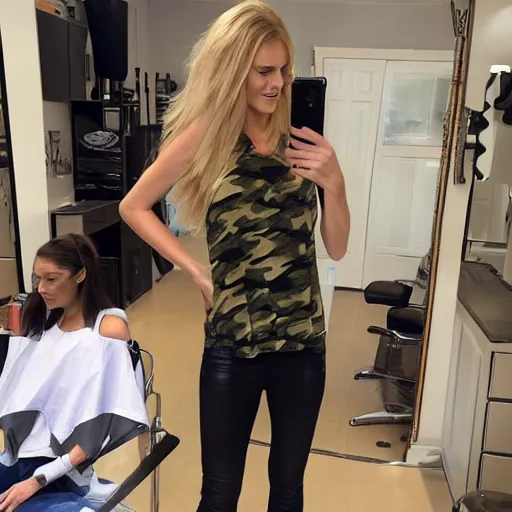 Prompt: supermodel wearing a camouflage tank top getting her long hair cut