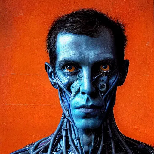 Image similar to surreal portrait of a man by Greg Rutkowski, symmetrical face, he is about 50 years old, short black hair with bangs, his features are a mix between French, Turkish and Russian, transformed into a kind of biomechanical transhuman god, blue glowing eyes, expression of epiphany and determination, cosmic void background, frightening, fascinating, highly detailed portrait, digital painting, book cover, artstation, concept art, smooth, sharp foccus ilustration, Artstation HQ