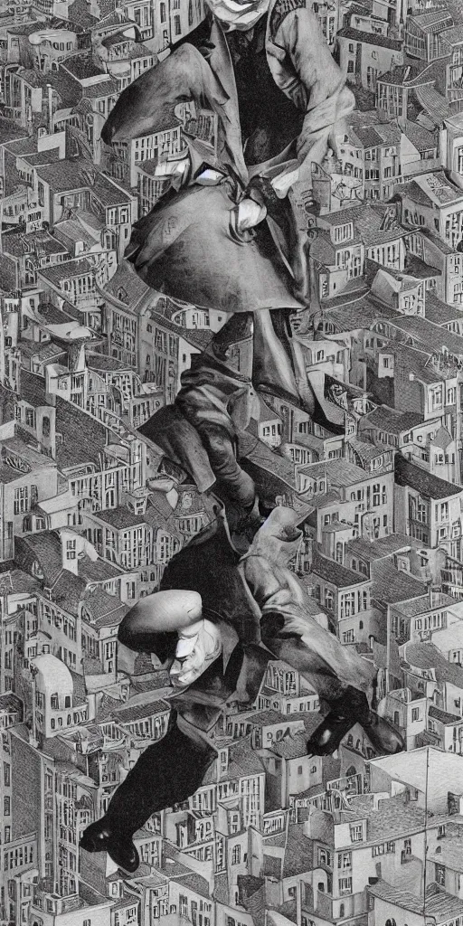 Image similar to faceless man flies through an MC Escher city, wearing a comedy mask in elizabethan boots and ruff, dramatic theater lighting