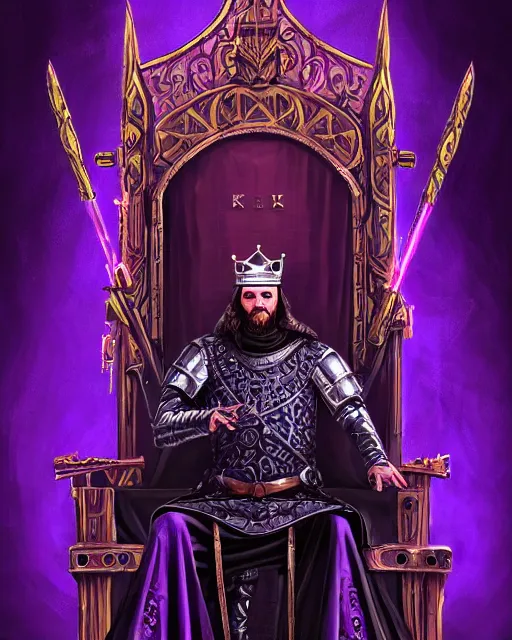 Prompt: a full length portrait of a medieval king on the throne, cyberpunk, dark purple color scheme, glowing eyes, grim - lighting, high - contrast, intricate, elegant, highly detailed, digital painting, artstation, concept art, smooth, sharp focus, illustration