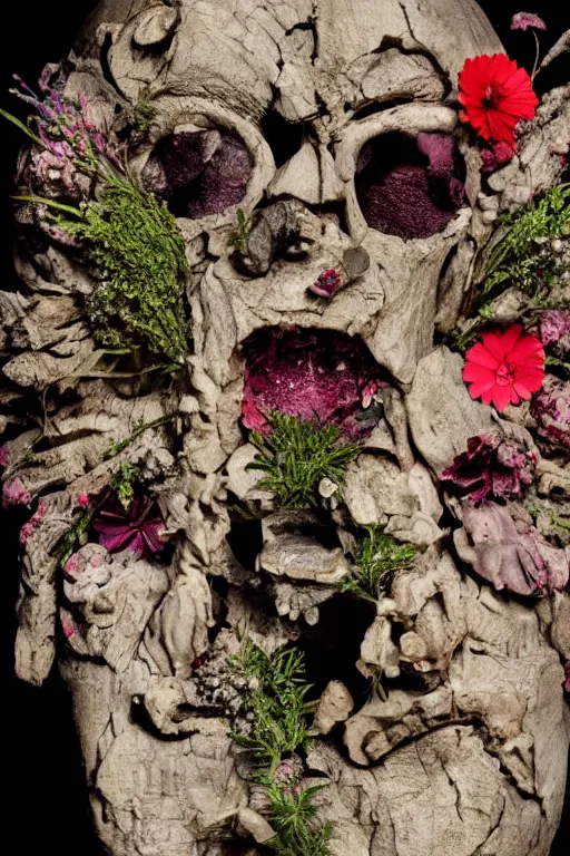 Prompt: the broken face of psychosis with destructive rage, made of stone and wood, is vomiting multicolored herbs and flowers