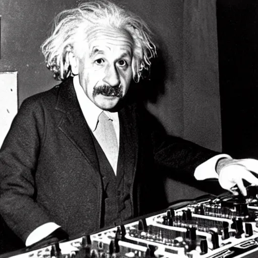 Image similar to photo of albert einstein as a dj behind the dj decks in the club