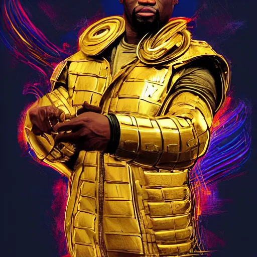 Image similar to 5 0 cent wearing a laughing golden armor, digital illustration by ruan jia on artstation, outlined by whirling illuminated neon lines and fine lines swirling in circles by jesper ejsing and rhads and makoto and shinkai and lois van baarle, digital art, trending on artstation - h 8 3 2