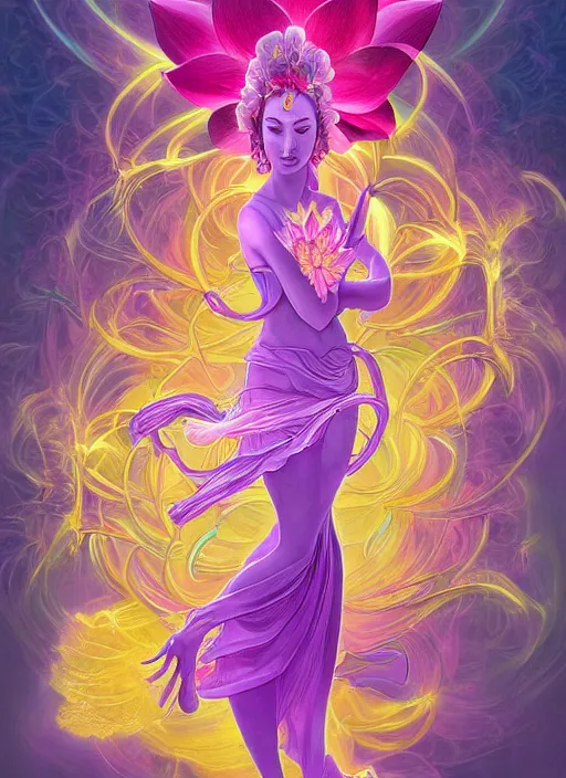 Image similar to 'lotus goddes, full body, purple, pink, yellow, concept character, water drops, lotus flower, beautiful, stunning, pink mist, radiating power, energy, god rays, luminescence, fractal, style of james jean, akira, satoshi con'