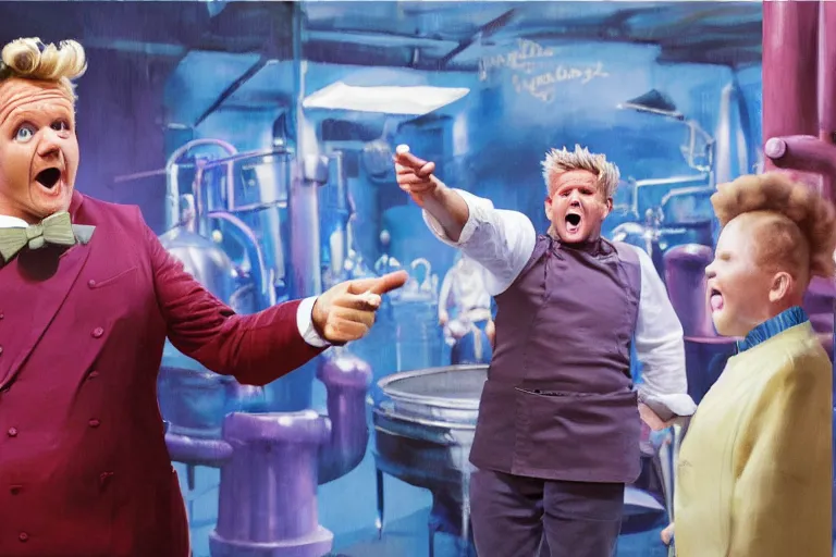 Image similar to A mixed media painting of gordon ramsay yelling at willy-wonka during a tour of the chocolate factory on kitchen nightmares, by Frank Frazetta, Greg Rutkowski, Beeple, post-processing, low angle, masterpiece, cinematic, isometric, volumetric lighting, oompa loompas in background