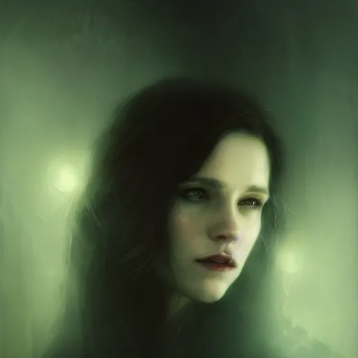 Image similar to riveting charismatic brunette female vampire, portrait, atmospheric lighting, painted, intricate, fog, cold, volumetric lighting, beautiful, night time, blue moon light, sharp focus, deep colours, ultra detailed, by leesha hannigan, ross tran, thierry doizon, kai carpenter, ignacio fernandez rios