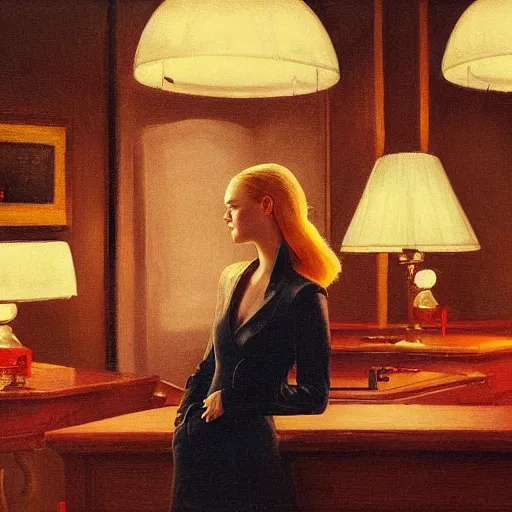 Prompt: Elle Fanning at night in the world of Edward Hopper, stormy weather, extremely detailed masterpiece, oil on canvas, low-key neon lighting, artstation, Blade Runner 2049, Roger Deakin’s cinematography, by J. C. Leyendecker and Norman Rockwell,