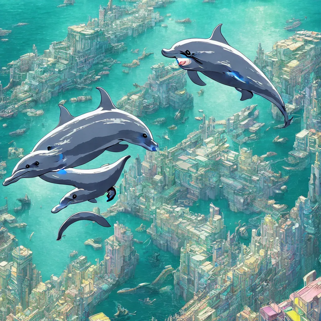 Image similar to a beautiful hyperdetailed character design 4 k wallpaper illustration of a cute dolphin, city by the sea, victo ngai cyberpunk style, from china, style of studio ghibli, makoto shinkai, raphael lacoste, louis comfort tiffany, artgerm, james jean, ross tran, chinese style