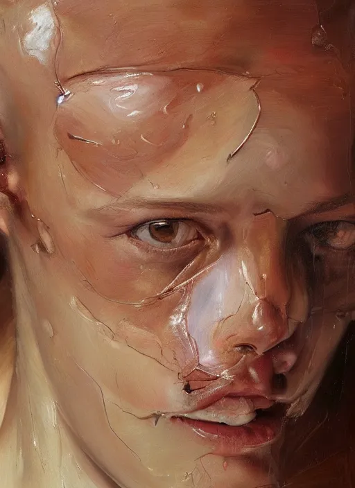 Image similar to high quality high detail painting by jenny saville, hd, a skinny beautiful woman, her face is breaking into pieces, photorealistic lighting