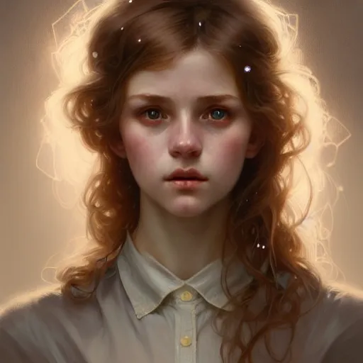 Prompt: portrait of a scottish teenage girl with dark blonde hair, glowing skin, delicate features, nerdy, fantasy, intricate, elegant, dress shirt, highly detailed, digital painting, artstation, concept art, smooth, sharp focus, illustration, art by Krenz Cushart and Artem Demura and alphonse mucha