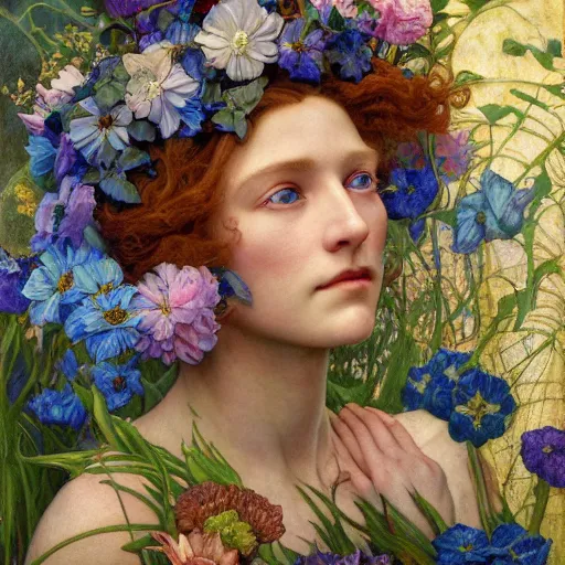 Image similar to queen of flowers, by annie swynnerton and charlie bowater and tino rodriguez and nicholas roerich and jean delville and evelyn de morgan and lucien freud, dramatic lighting, floral tattoos, rich colors, smooth sharp focus, extremely detailed, donato giancola, adolf wolfli