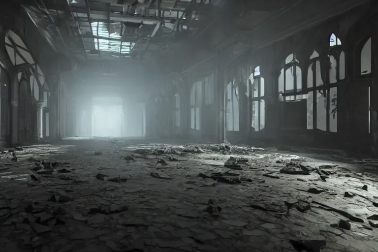 Image similar to a first person shooter game trailer on a abandoned victorian shopping mall, cinematic lightning, ray tracing, unreal engine 5, photorealistic, first person point of view, fps game concept art, detailed, dark, moody, foggy