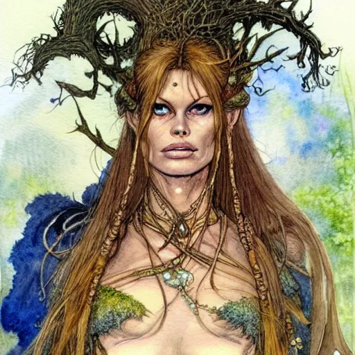 Image similar to a realistic and atmospheric watercolour fantasy character concept art portrait of brigitte bardot as a druidic warrior wizard looking at the camera with an intelligent gaze by rebecca guay, michael kaluta, charles vess and jean moebius giraud