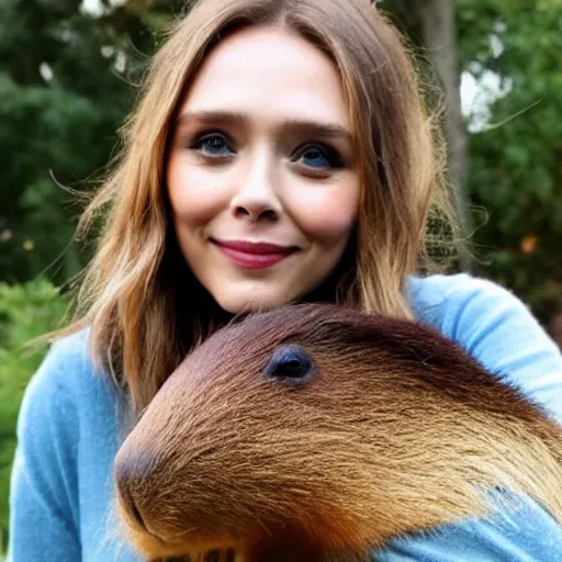 Image similar to elizabeth olsen with a capybara