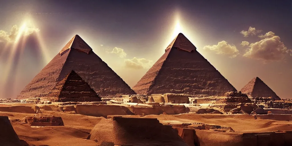 Image similar to beautiful egyptian landscape, pyramid, gorgeous clouds, god rays, digital art, landscape, fantasy art, octane render, ureal engine, high detail, very realistic, by greg rutkowski. by james gurney