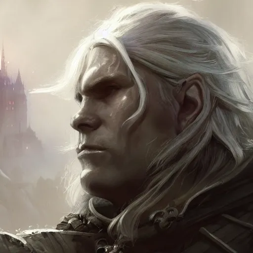 Prompt: closeup portrait of drizzt do'urden, drow elf, dungeons and dragons character, castle background, gorgeous view, realistic, high detail, digital art, painted by greg rutkowski, painted by jeremy mann, trending on artstation