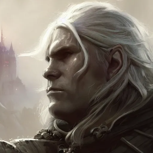 Image similar to closeup portrait of drizzt do'urden, drow elf, dungeons and dragons character, castle background, gorgeous view, realistic, high detail, digital art, painted by greg rutkowski, painted by jeremy mann, trending on artstation