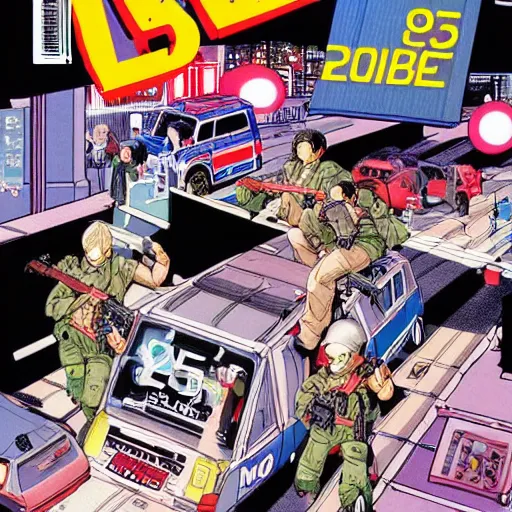 Image similar to 1993 Magazine Cover, Anime Neo-tokyo 4 bank robbers fleeing the scene with bags of money, Police Shootout, MP5S, Highly Detailed, 8k :4 by Katsuhiro Otomo : 8