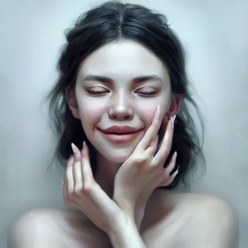 Prompt: a mouth a bit open, two eyes half closed and half a smile on her soul makes a beautiful portrait on the wall. by artgerm, Alina Ivanchenko, Ruan Jia and Mandy Jurgens