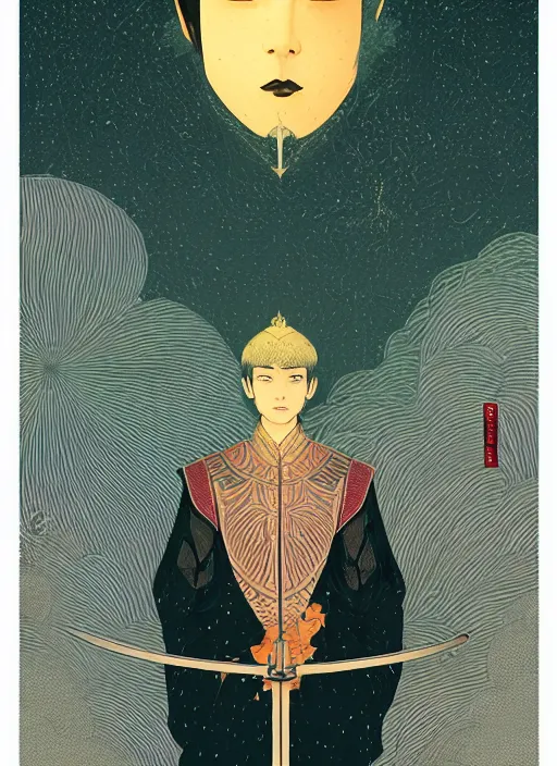 Image similar to third lotus prince committed suicide by drawing his sword by the riverby ilya kuvshinov and victo ngai