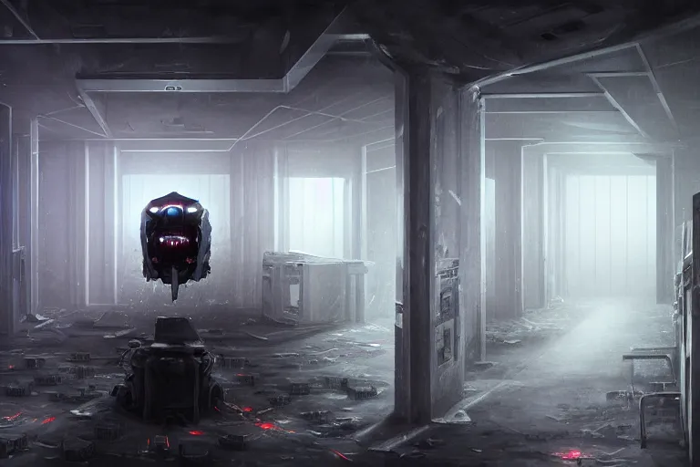 Image similar to gloomy ruined server room in abandoned datacenter painting concept art of the evil colossal spiderghost robot phantom death arachnid, sharp focus, smoke, artillery, gloom, artiifical uv lighting, cold, computers, racks, motherboard, by pascal blanche rutkowski artstation detailed matte painting, 1 6 k resolution