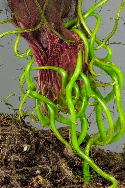 Image similar to a carnivorous plant with a long vine and the head of a alligator, vicious snapping alligator plant, side view of a plant showing roots stem and bud, plant photograph showing roots underground