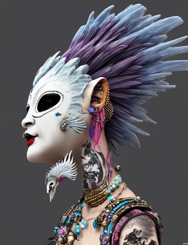 Image similar to 3 d goddess close - up profile portrait punk with mohawk with ram skull. beautiful intricately detailed japanese crow kitsune mask and clasical japanese kimono. betta fish, jellyfish phoenix, bio luminescent, plasma, ice, water, wind, creature, artwork by tooth wu and wlop and beeple and greg rutkowski