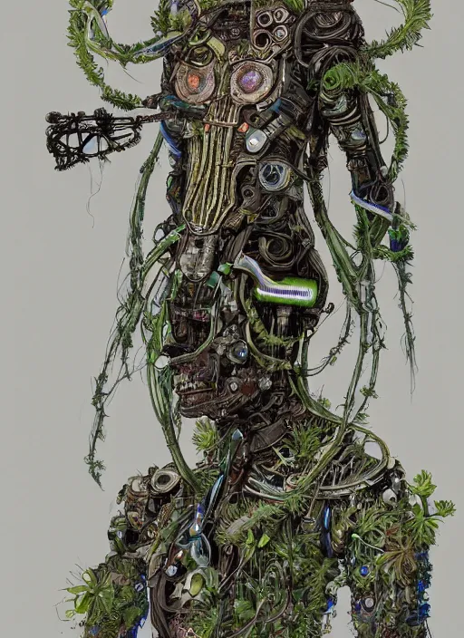 Image similar to hyper - detailed fine painting of a synthetic humanoid hybrid cyborg shaman half cybernetic and half made of plants and wood, concept art magical highlight