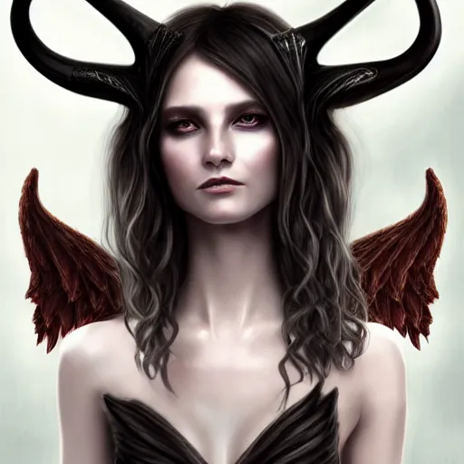 Image similar to perfectly - centered - portrait - photograph of evil fallen angel with long horns wearing a dress, the perfect human female specimen, intricate, elegant, super highly detailed, professional digital painting, artstation, concept art, smooth, sharp focus, no blur, no dof, extreme illustration, unreal engine 5, 8 k, by anne stokes