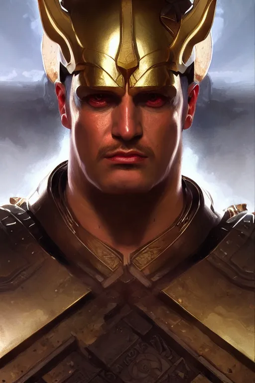 Prompt: The angry God Ares, portrait, highly detailed, digital painting, artstation, concept art, smooth, detailed armor, sharp focus, beautiful face, symmetric face, cinematic, videogame cover art, illustration, fantasy, art by Artgerm and Greg Rutkowski and Alphonse Mucha