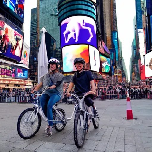 Prompt: two whitw unicorns riding bikes in time square, photoreal