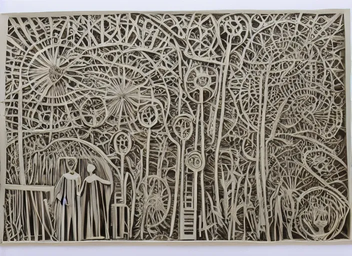 Prompt: intricate cut paper sculpture of mormon pioneers