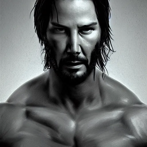 Image similar to muscular keanu reeves , sketch , trending on artstation , Hyperdetailed , CGSociety