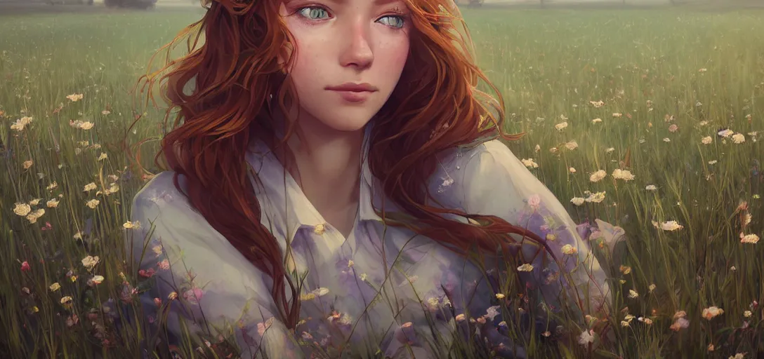 Image similar to a beautiful southern woman named Savannah, innocent, sad turquoise eyes, freckles, long ginger hair tied with white ribbon, relaxed in a field of flowers on a farm, gentle lighting, storm in the distance, somber, western clothing, dress, digital art by Makoto Shinkai ilya kuvshinov and Wojtek Fus, digital art, concept art,