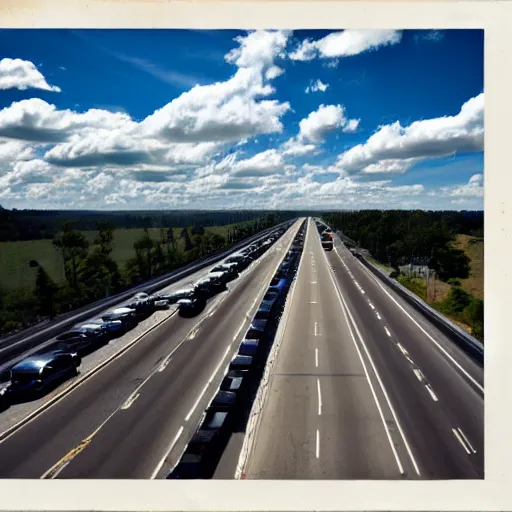 Image similar to photo, 5 0 mm, interstate traffic jam, scattered clouds, midday sun,