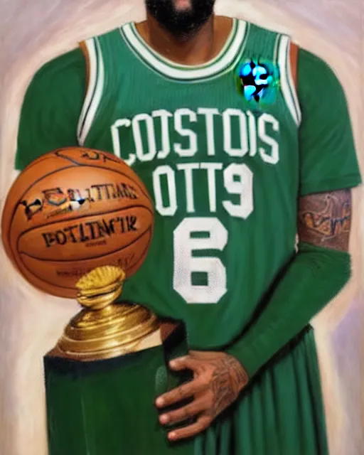 Image similar to portrait of demarcus cousins in boston celtics jersey, holding the larry o'brien trophy, oil on canvas by william sidney mount, champion, inspiring